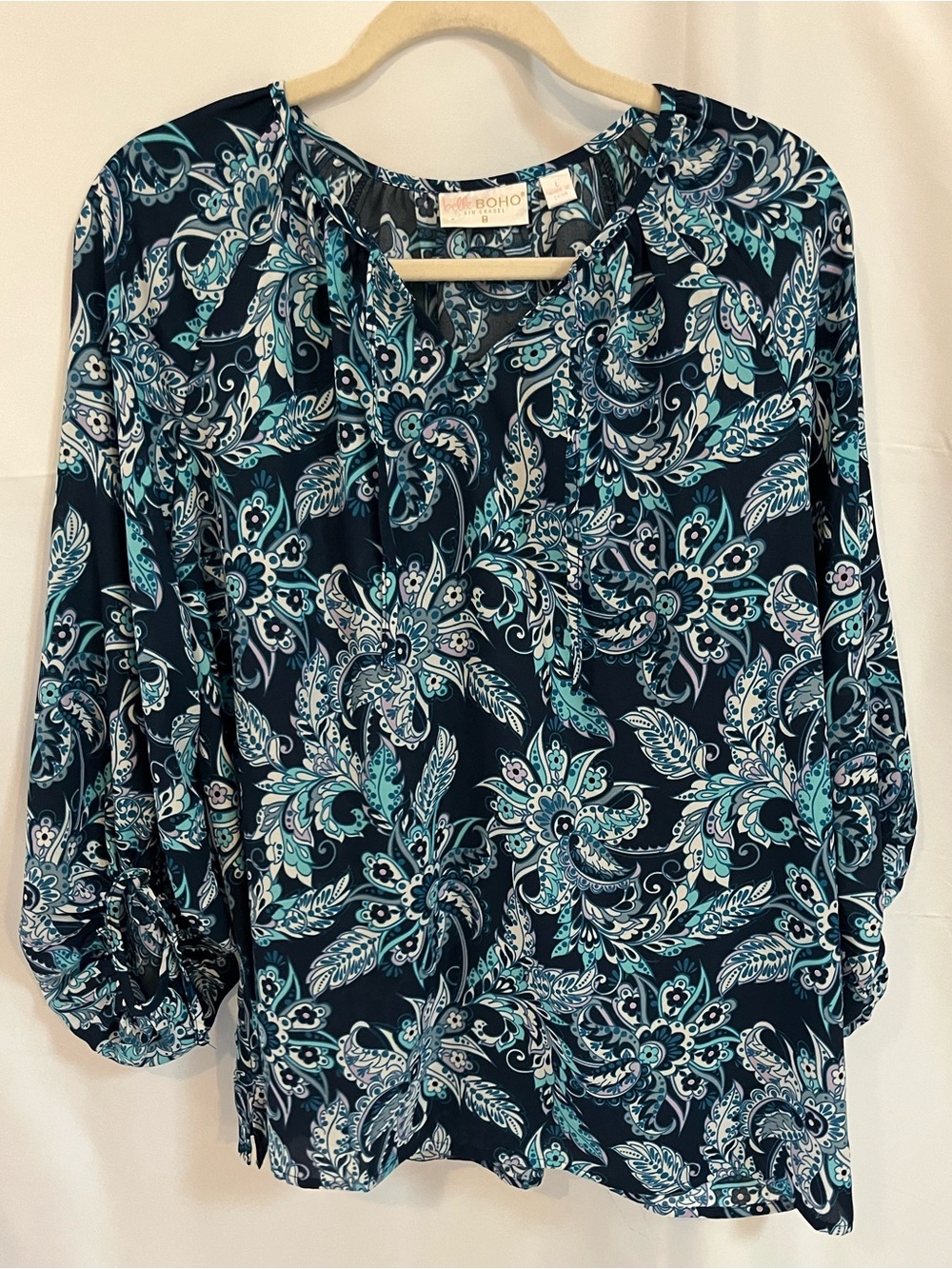 Belle Boho by Kim Gravel Navy Floral Paisley Blouse with Teal Accents